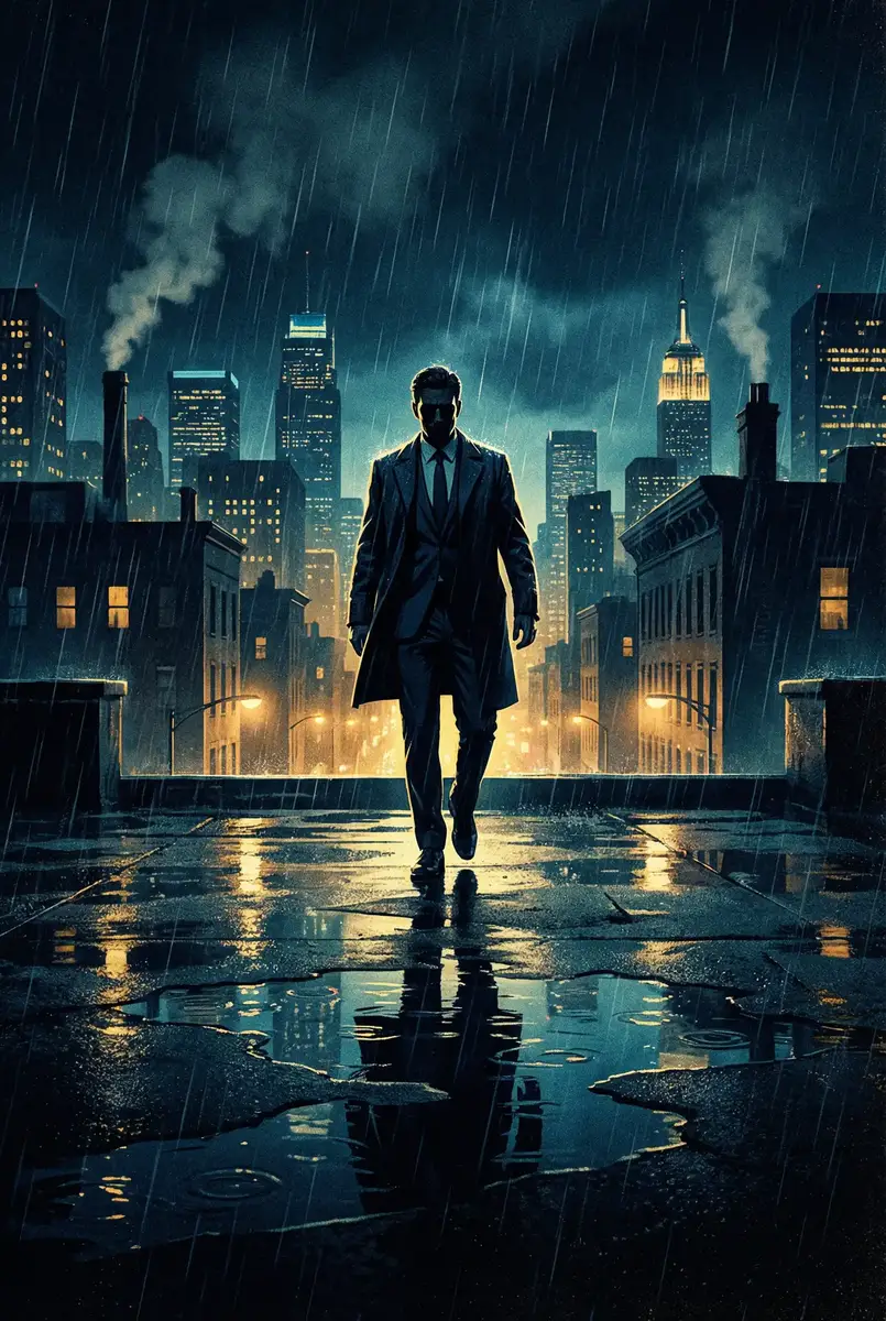 一拳超人正义执行 出品影片《雨夜独行者》海报，雨中城市屋顶男性剪影